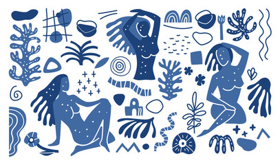 Inspired Matisse Female figures In different poses and geometric shapes in a trendy minimal style. Doodle and abstract nature icons on isolated white. Poster with contemporary doodle elements