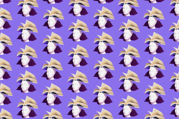 Seamless pattern of human head with open book on purple background. Isometric view, copy space. Surreal, education, study and knowledge concept. Isometric view.