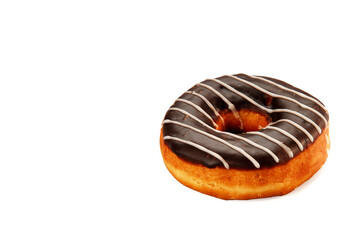 Chocolate covered donut or donut, sweet bread on white background with space for text