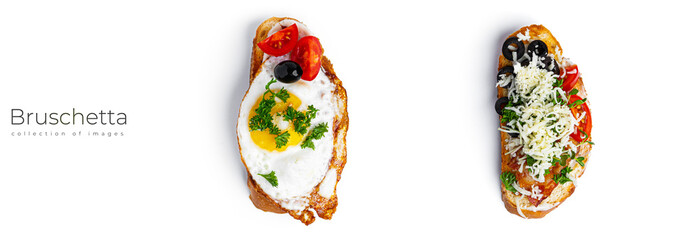 Bruschetta with fried egg and vegetables on a white background.