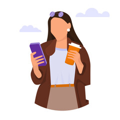 Cute Brunette girl with phone and coffee, vector illustration