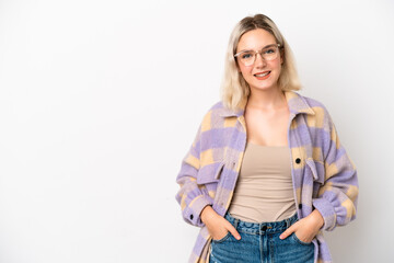 Young caucasian woman isolated on white background laughing