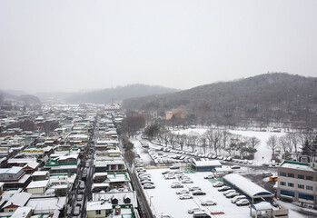 Cold winter snowy village scenery in South Korea.