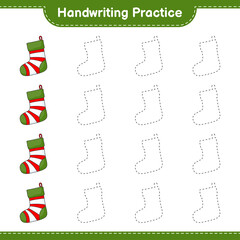 Obraz premium Handwriting practice. Tracing lines of Christmas Sock. Educational children game, printable worksheet, vector illustration