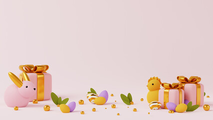 Happy Easter Holiday background. Festive design with realistic decoration elements 3d rabbit and gift box and eggs. Banner, web poster, flyer cover, stylish brochure, greeting card.