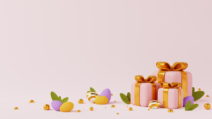 Happy Easter Holiday background. Festive design with realistic decoration elements 3d gift box and eggs. Banner, web poster, flyer cover, stylish brochure, greeting card.