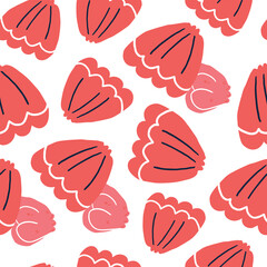 Sea shells red seamless pattern. Cartoon style texture for textile, paper. Hand drawn doodle beach shells, mollusk. Cute ocean background. Abstract decorative flat vector illustration