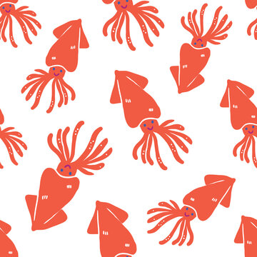 Squid Vector Pattern on white, underwater creature pattern, calmar
