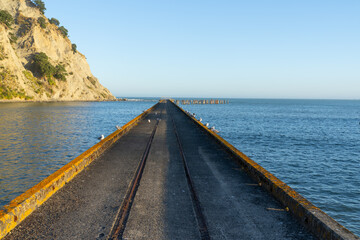 Lines of edge and center rail line leading to end of old wharf