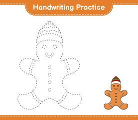 Handwriting practice. Tracing lines of Gingerbread Man. Educational children game, printable worksheet, vector illustration