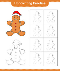 Handwriting practice. Tracing lines of Gingerbread Man. Educational children game, printable worksheet, vector illustration
