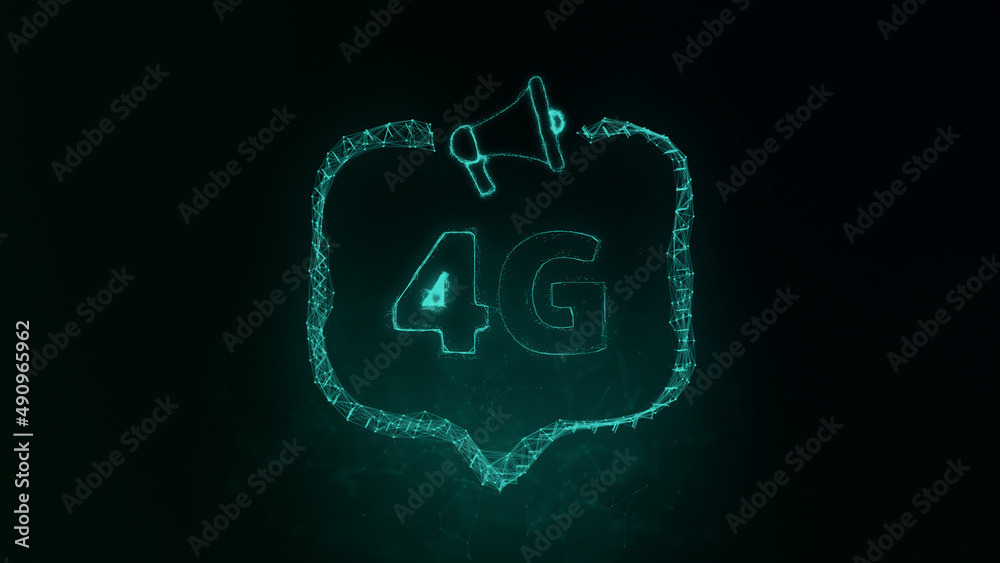 Aufkleber Megaphone banner with speech bubble and text 4G. Plexus style of green glowing dots and lines. Abstract illustration