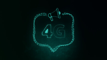 Megaphone banner with speech bubble and text 4G. Plexus style of green glowing dots and lines. Abstract illustration