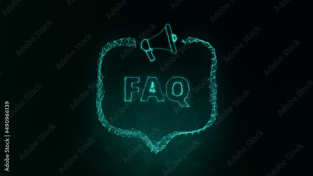 Poster Megaphone banner with speech bubble and text faq. Plexus style of green glowing dots and lines. Abstract illustration