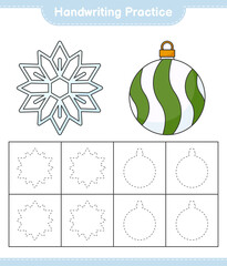 Handwriting practice. Tracing lines of Snowflake and Christmas Ball. Educational children game, printable worksheet, vector illustration