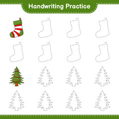 Handwriting practice. Tracing lines of Christmas Sock and Christmas Tree. Educational children game, printable worksheet, vector illustration