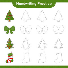 Handwriting practice. Tracing lines of Tree, Ribbon, and Christmas Sock. Educational children game, printable worksheet, vector illustration