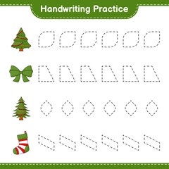 Handwriting practice. Tracing lines of Tree, Ribbon, and Christmas Sock. Educational children game, printable worksheet, vector illustration