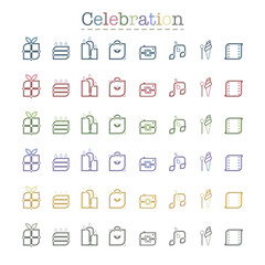 Simple celebration icons. Present, cake, candle, shopper, camera, notes, ice cream, film.