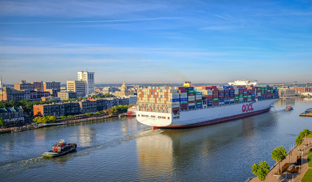 OOCL Freighter Pulling Tugboat into Savannah