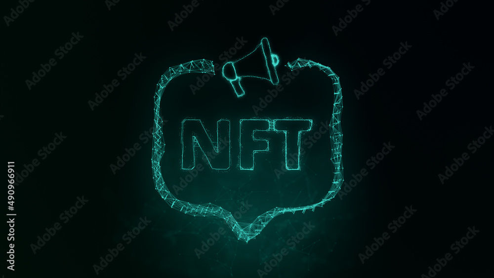 Fototapete Megaphone banner with speech bubble and text nft. Plexus style of green glowing dots and lines. Abstract illustration