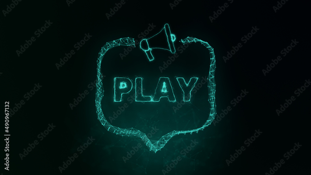Poster Megaphone banner with speech bubble and text play. Plexus style of green glowing dots and lines. Abstract illustration