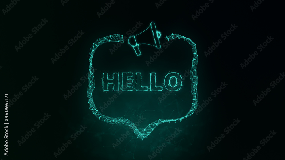 Poster Megaphone banner with speech bubble and text hello. Plexus style of green glowing dots and lines. Abstract illustration