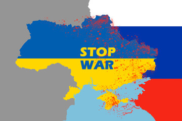 Stop war in Ukraine. Text stop war with Ukraine country colored in blue yellow flag. International protest,