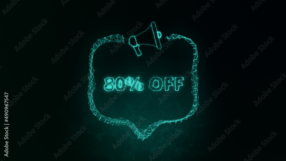 Poster Megaphone banner with speech bubble and text 80 percent off. Plexus style of green glowing dots and lines. Abstract illustration
