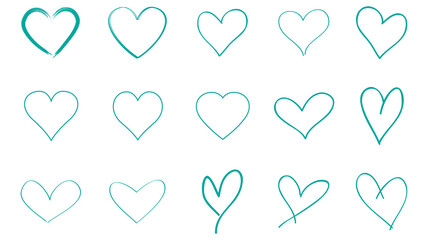 Heart contour vector. Turquoise hand drawn love icon isolated. Paint brush stroke heart icon. Hand drawn vector for love logo, heart symbol, doodle icon and Valentine's day. Painted grunge vector set