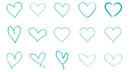 Heart contour vector. Turquoise hand drawn love icon isolated. Paint brush stroke heart icon. Hand drawn vector for love logo, heart symbol, doodle icon and Valentine's day. Painted grunge vector set