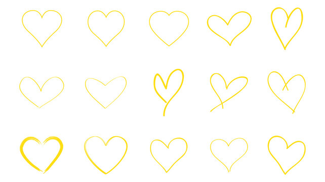 Heart contour vector. Yellow hand drawn love icon isolated. Paint brush stroke heart icon. Hand drawn vector for love logo, heart symbol, doodle icon and Valentine's day. Painted grunge vector shape