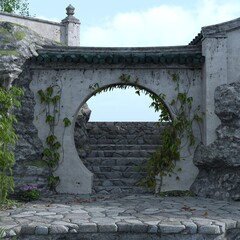 Traditional Chinese village arch with steps.