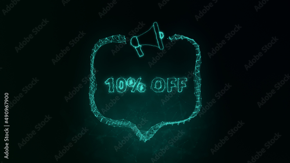 Aufkleber Megaphone banner with speech bubble and text 10 percent off. Plexus style of green glowing dots and lines. Abstract illustration