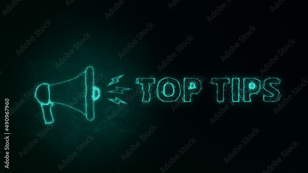 Poster Megaphone banner with text top tips. Plexus style of green glowing dots and lines. Abstract illustration