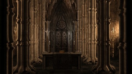 A horror style gothic chapel with an altar. Illuminated by candlelight.