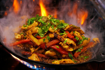 mexican traditional food, chicken fajitas served on a hot smoking sizzling plate - obrazy, fototapety, plakaty