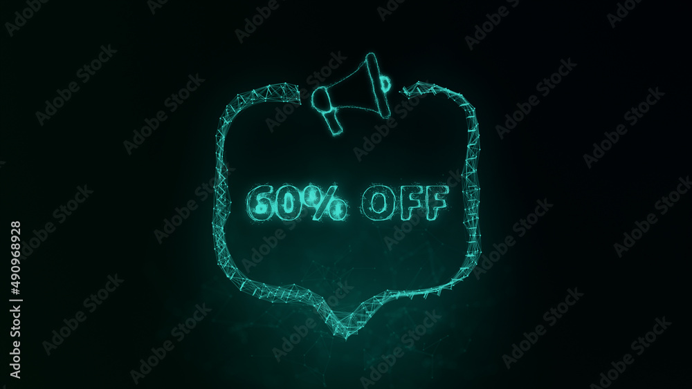 Aufkleber Megaphone banner with speech bubble and text 60 percent off. Plexus style of green glowing dots and lines. Abstract illustration