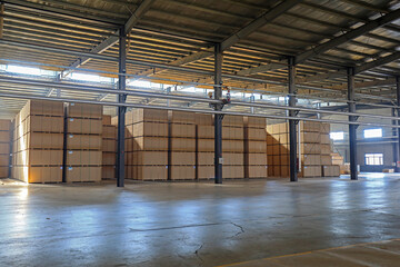 Particleboard products are stacked in the warehouse in a factory in North China