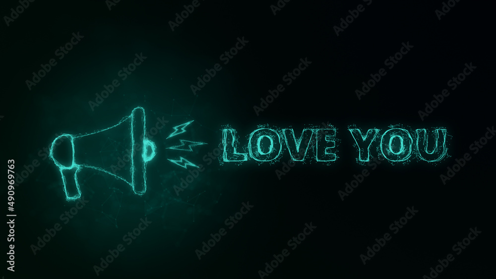 Aufkleber megaphone banner with text love you. plexus style of green glowing dots and lines. abstract illustra