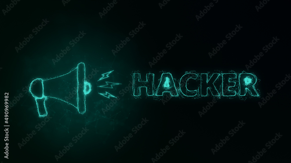 Poster Megaphone banner with text hacker. Plexus style of green glowing dots and lines. Abstract illustration