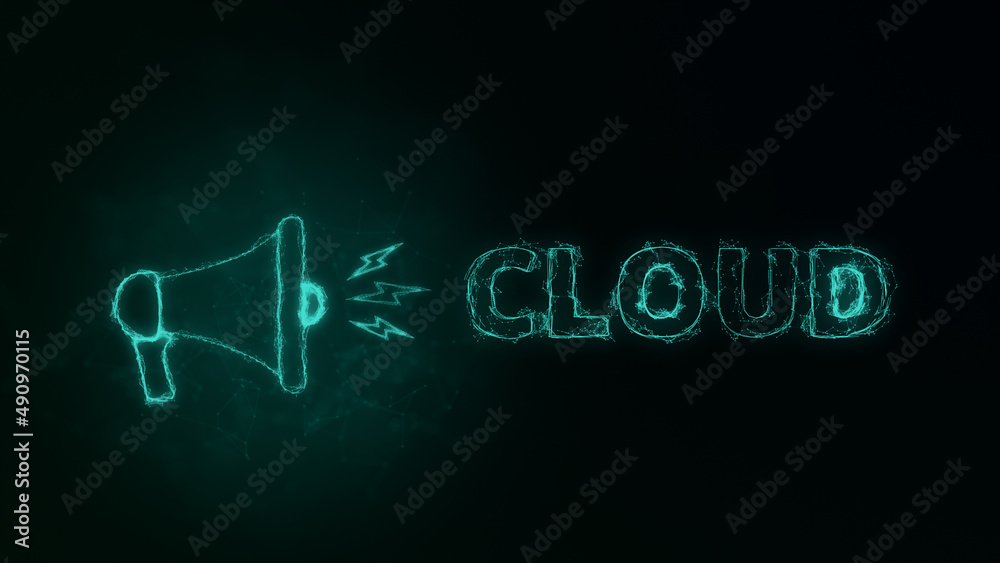 Poster Megaphone banner with text cloud. Plexus style of green glowing dots and lines. Abstract illustration