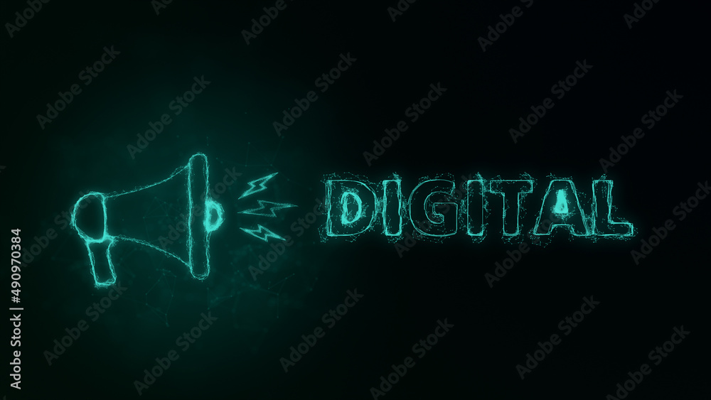Aufkleber Megaphone banner with text digital. Plexus style of green glowing dots and lines. Abstract illustration