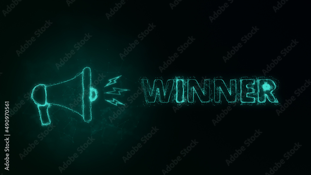 Poster Megaphone banner with text winner. Plexus style of green glowing dots and lines. Abstract illustration