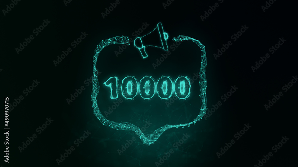 Aufkleber megaphone banner with speech bubble and 10000 number. 10k likes, followers. plexus style of green gl