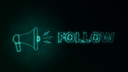 Fototapeta premium Megaphone banner with text follow. Plexus style of green glowing dots and lines. Abstract illustration