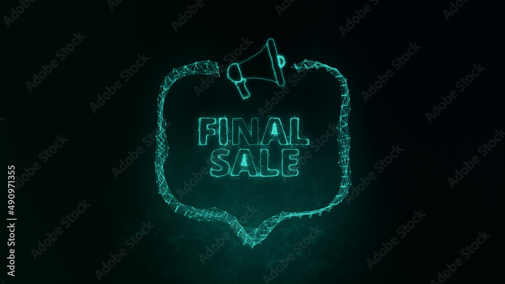 Poster Megaphone banner with speech bubble and text final sale. Plexus style of green glowing dots and lines. Abstract illustration
