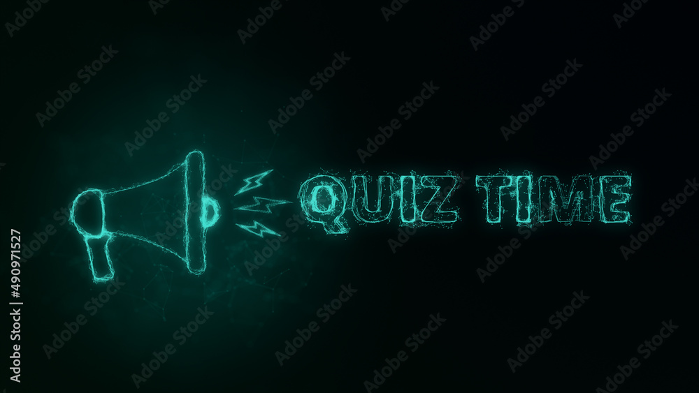 Poster Megaphone banner with text quiz time. Plexus style of green glowing dots and lines. Abstract illustration