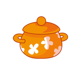 Orange flower pot for cooking. Vector illustration in cartoon childish style. Isolated funny clipart on white background. cute print.