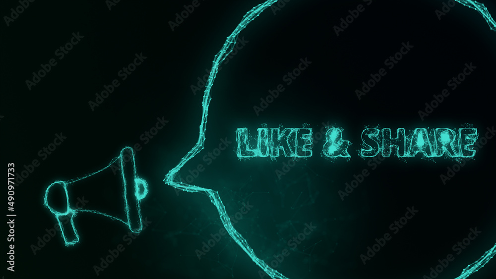 Poster Megaphone banner with speech bubble and text like and share. Plexus style of green glowing dots and lines. Abstract illustration